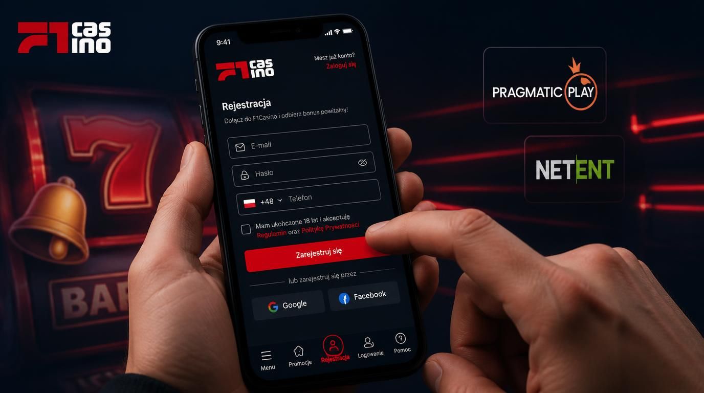 Smartfon z formularzem rejestracyjnym kasyna F1 na tle motywów slotów