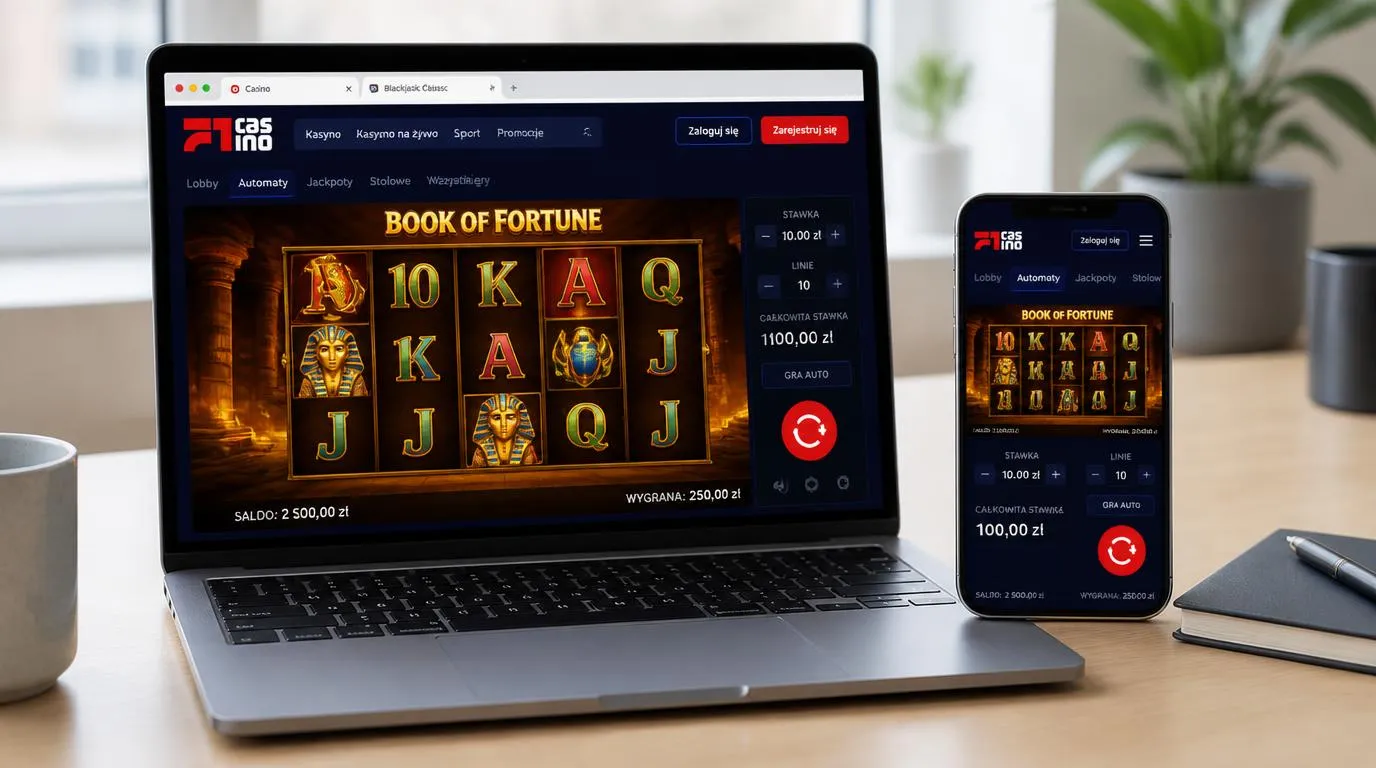 Automat kasynowy otwarty na laptopie i telefonie, z czytelnymi przyciskami gry na obu ekranach
