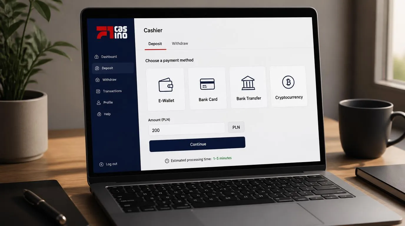 Panel kasy z wyborem portfela, karty, przelewu i kryptowaluty oraz informacją o czasie wypłaty