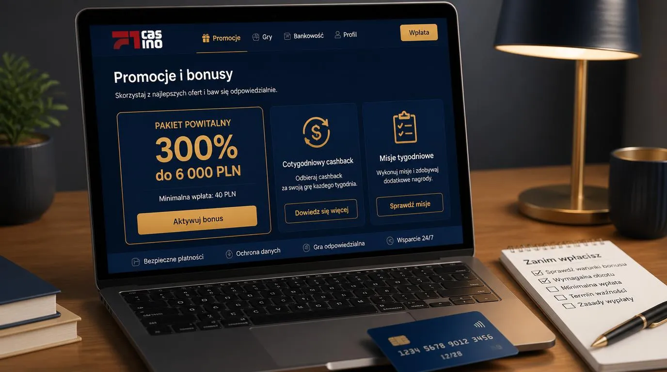 Ekran kasyna z bonusem 300% do 6 000 PLN, minimalną wpłatą 40 PLN i kafelkami nagród tygodniowych