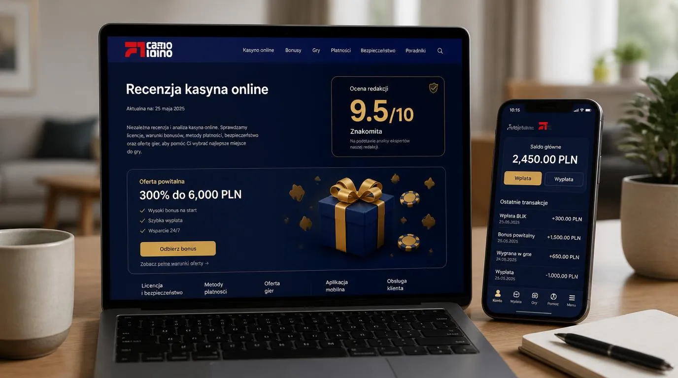 Ekran kasyna z oceną 9,5/10, bonusem 300% do 6 000 PLN i widocznym odnośnikiem do warunków oferty