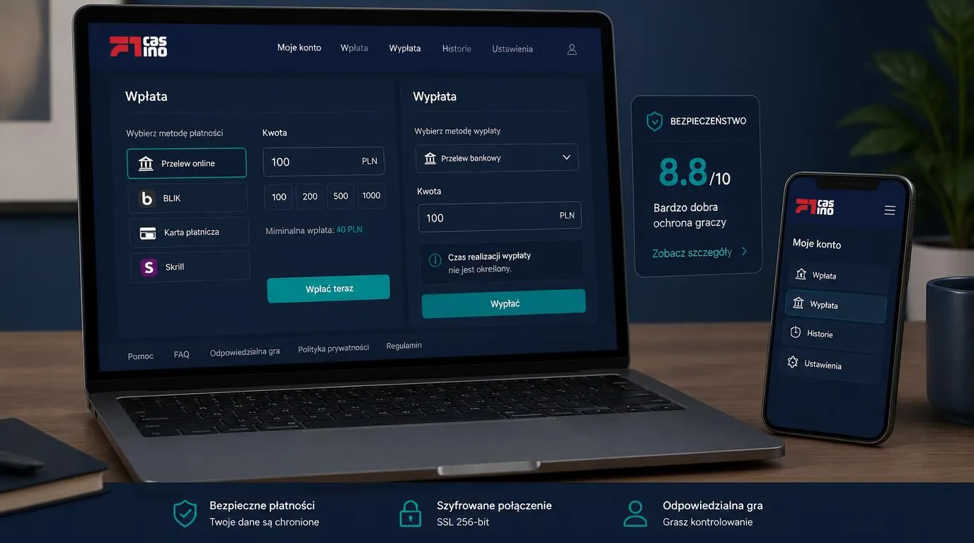 Ekran kasyna z minimalną wpłatą 40 PLN i informacją o niepodanym czasie wypłaty