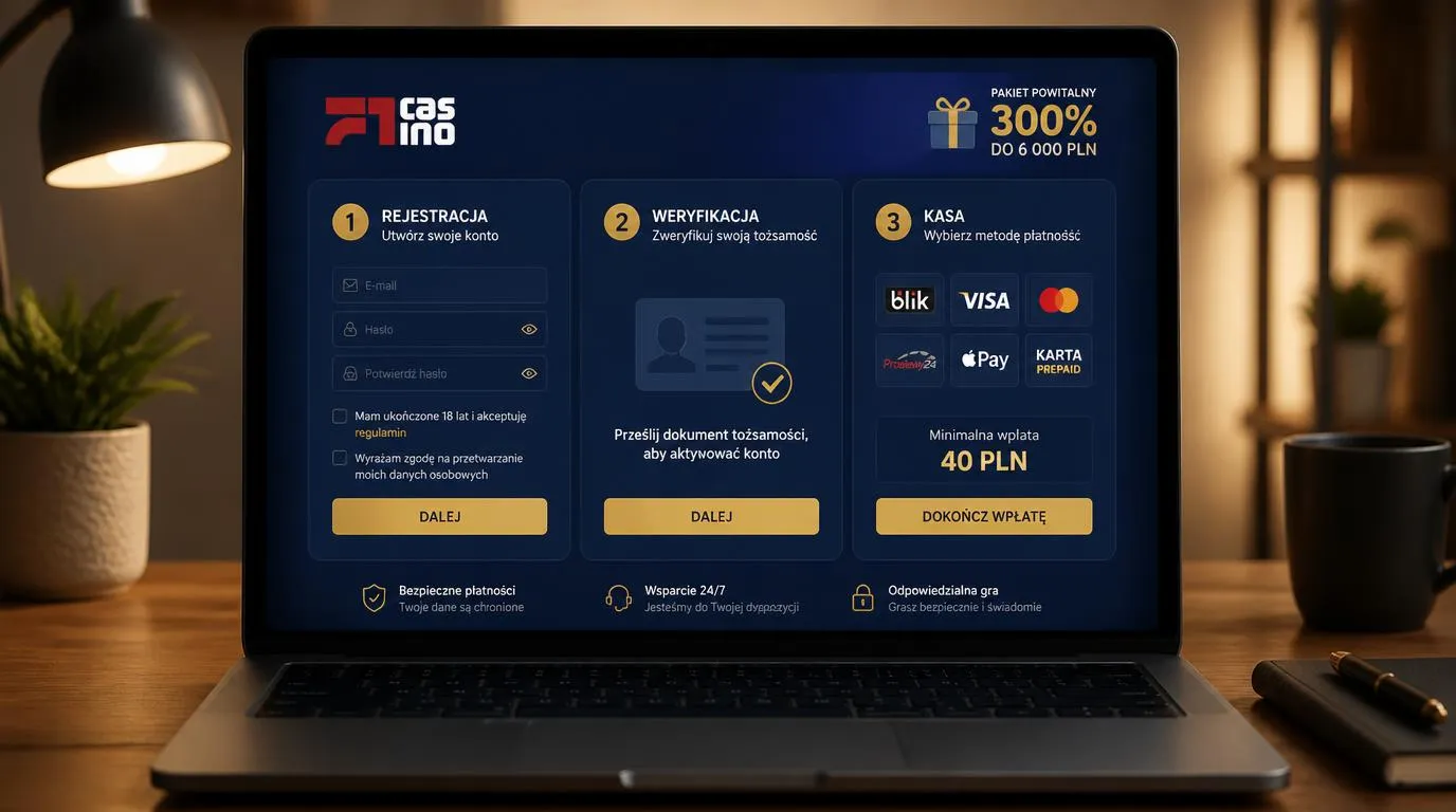 Ekran kasyna z etapami rejestracji, weryfikacji tożsamości i wpłaty minimum 40 PLN